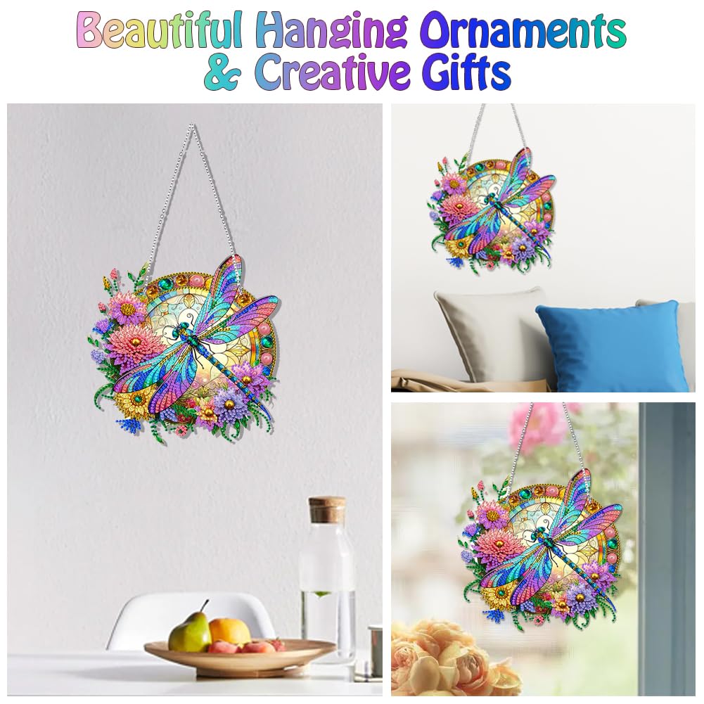 Koikify Diamond Painting Hanging Pendant Kit for Adults, Flower & Dragonfly Diamond Art Window Hanging Ornament with Double-Sided Pattern, Indoor Home Decoration and Gift