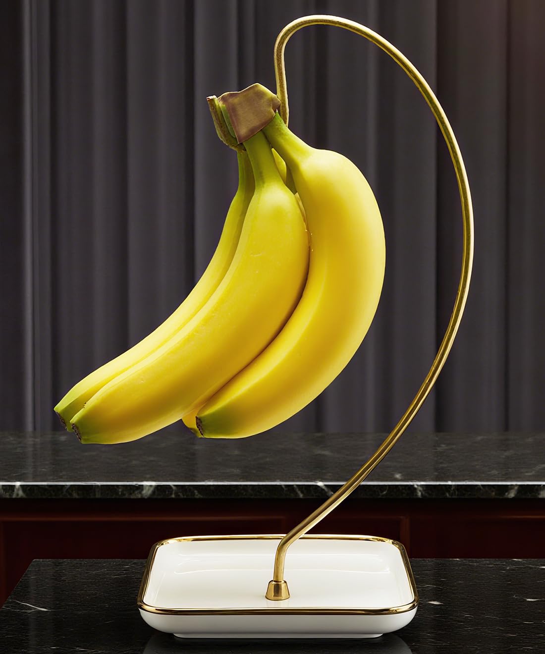 VROOMIUM Banana Holder Stand with Ceramic Base - Holds Up to 5 Pounds Bananas, Hassle-free Cleaning, Stylish and Chic Design Banana Rack - Gold