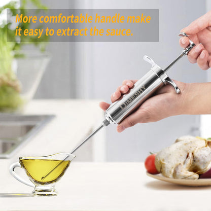 Heavy duty 304 Stainless Steel Meat Injector Kit with 2-oz Large Capacity Barrel with 3 commercial Marinade Needles
