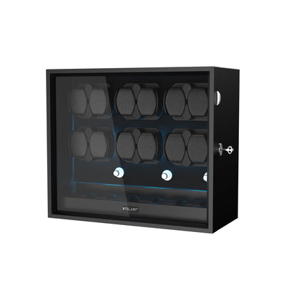 XTELARY Watch Winder for 12 Automatic Watches, Black Lockable Automatic Winders with Extra 6 Watch Storages, 4 Rotation Modes, Flexible Watch Pillows, Quiet Mabuchi Motor, and Blue Backlight