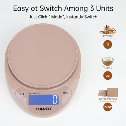 Small Digital Kitchen Scale Food -11lb/5kg Kitchen Weight Scale with LCD Display for Weight Loss, Sourdough Bread, Baking, Cooking, Keto and Meal Prep, 1g Precision, Batteries Included, Pink