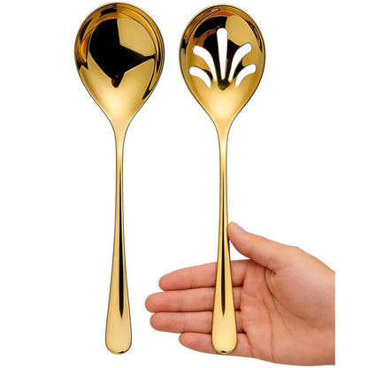 Extra Large Serving Spoons Set, 9.9 Inch Serving Spoon and Slotted Spoon, Stainless Steel Large Serving Utensils for Buffet, Parties, Catering & Kitchen (Golden)