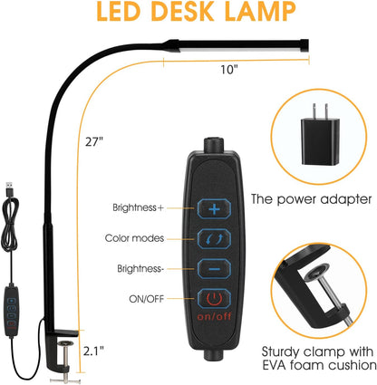 Voncerus LED Desk Lamp - Eye-Caring Clip-On Light with 3 Modes & 10 Brightness Levels | Flexible Goose-Neck, Black