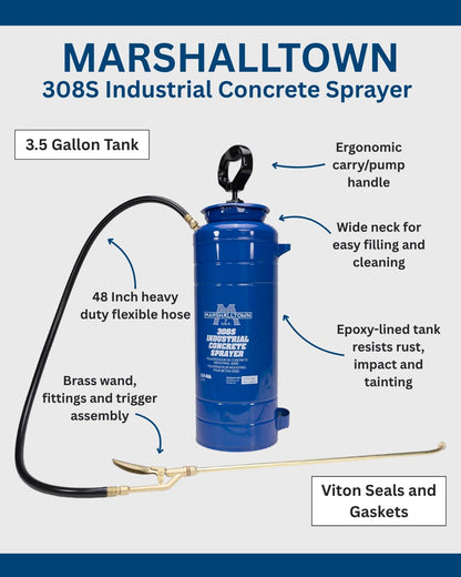 MARSHALLTOWN Industrial Concrete Sprayer, 3.5 Gallon Pump Sprayer, Brass Wand, Spray Solvents and Releases, 308S