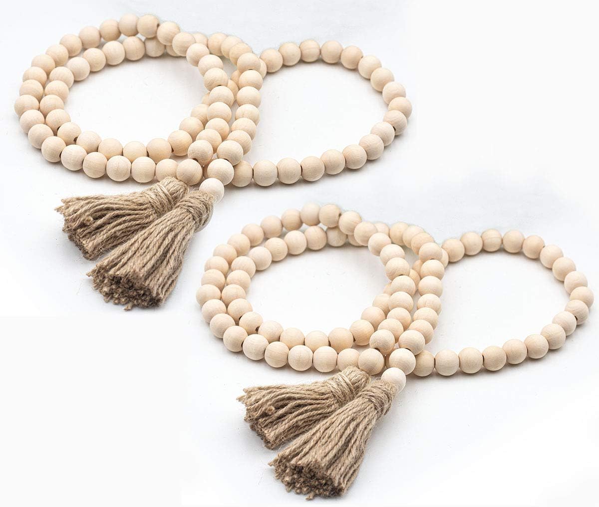 LSKYTOP 58 Inches Wood Bead Garland with Tassel, Rustic Prayer Beads for Farmhouse Tiered Tray Decor - 2 Pack