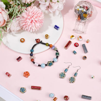 SUNNYCLUE 1 Box 100Pcs Porcelain Bead Painted Ceramic Beads Bulk Flower Floral Printed Column Tube Flat Rondelle Charms Loose Spacers for Jewelry Making Earrings Bracelets Necklaces DIY Crafts Decor