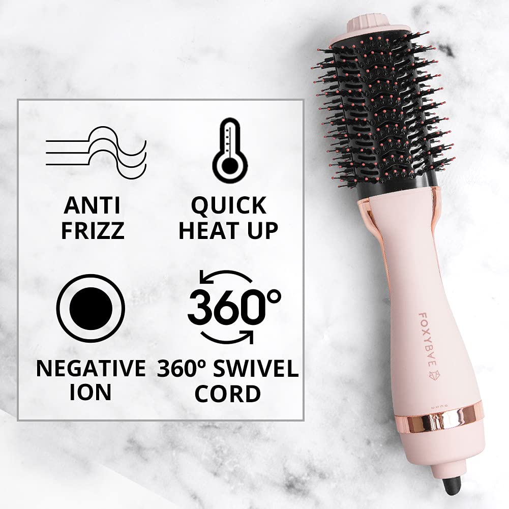 FoxyBae All-in-One Hair Styler - Ceramic Oval Barrel Blow Dryer Brush (75mm) for Drying, Curling, Volumizing & Straightening Hair [Party Pink]