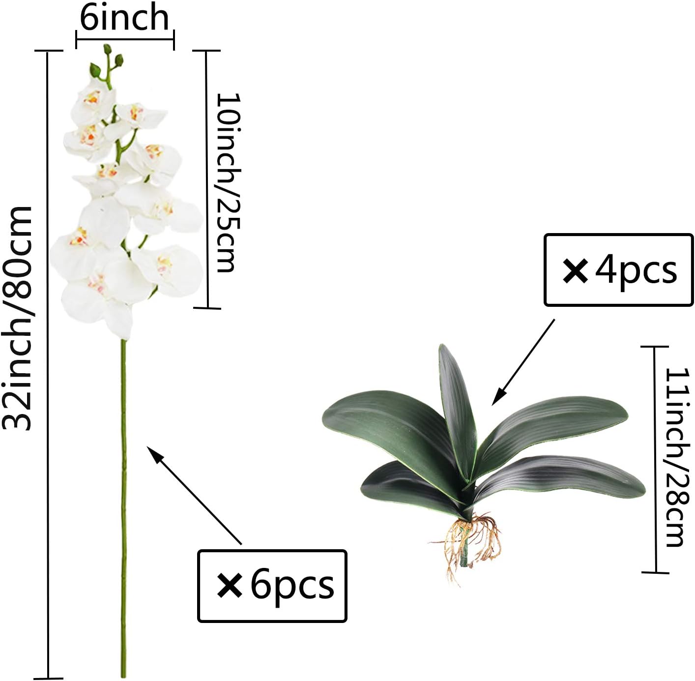 FagusHome 32" Artificial Phalaenopsis Flowers, 6 Pcs with 4 Bundles Leaves for Home Décor