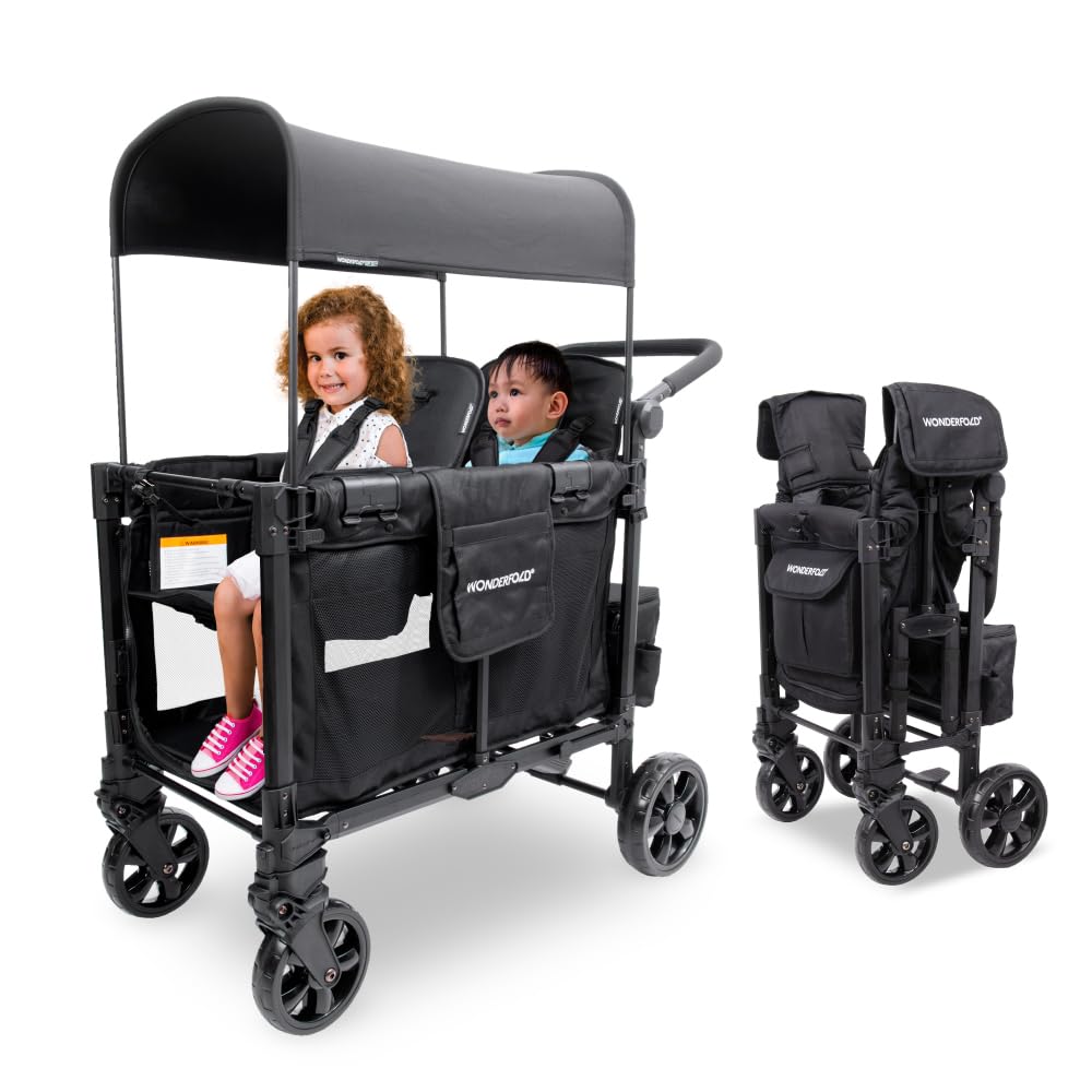 WonderFold W2 Elite Pro Stroller Wagon - Foldable Wagon with Aluminum Frame - Adjustable Canopy & Push Handle - All-Terrain Wheels - for Babies, Toddlers & Kids - 4 Seater - Jet Black