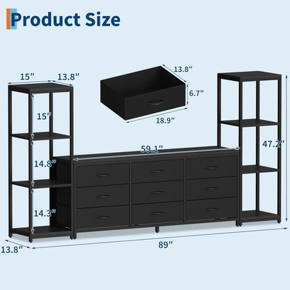 GarveeHome TV Stands Dresser with 9 Fabric Drawers, Large Entertainment Center with 2 Industrial 4-Tier Storage Shelves, Modern TV Console Cabinet for Living Room