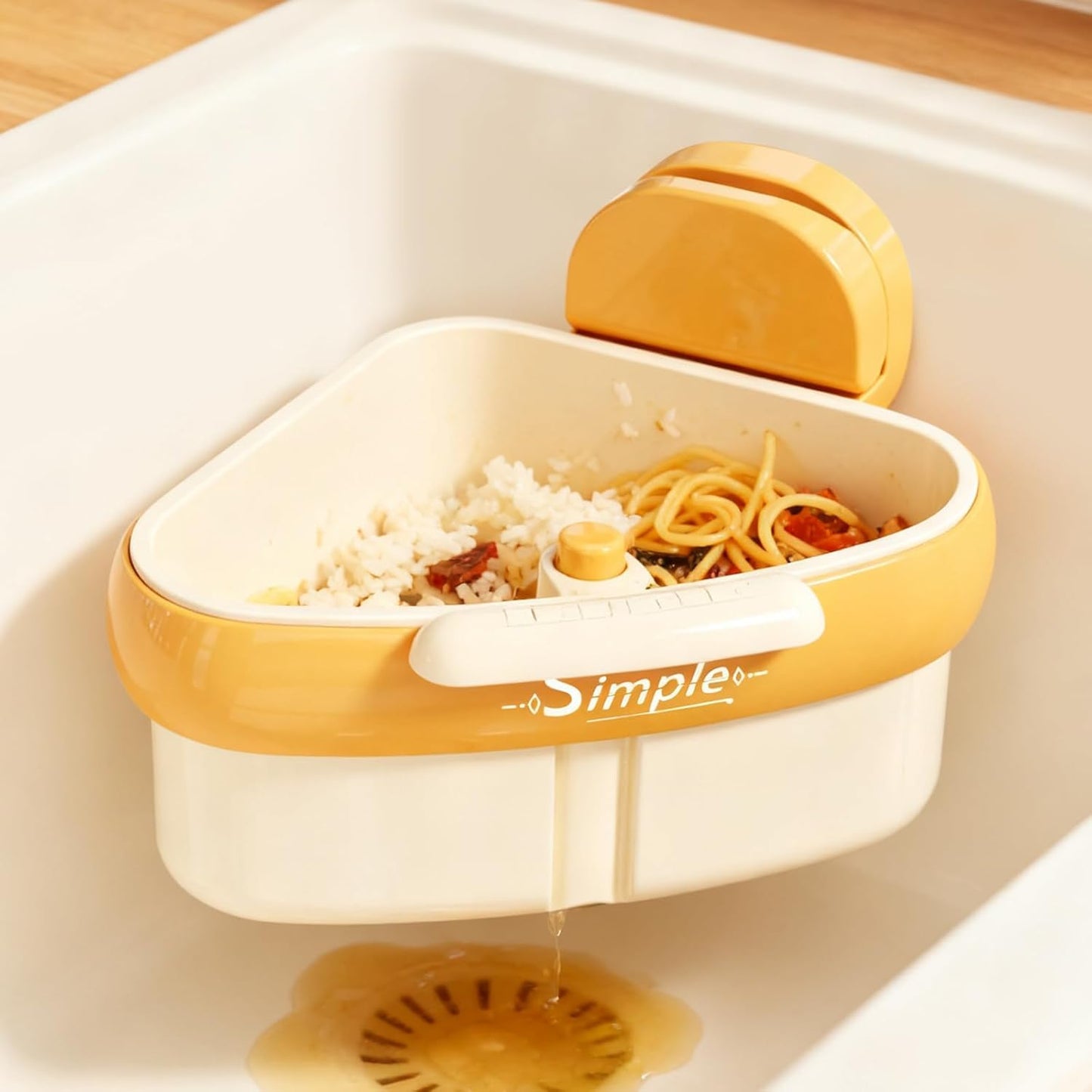 2026 New Suction Cup Sink Strainer | Corner Sink Strainer | Sinks Trash Food Waste Catcher | Triangle Storage Rack with Drain Hole | Press Automatic Dumping Sinks Drainer Basket (Yellow)