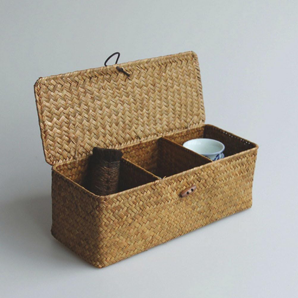Handwoven Wicker Storage Basket with Lid, 3 Compartment Toilet Paper Holder for Bathroom, Kitchen Organizer Bin