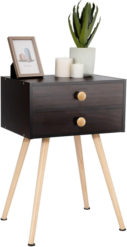 2-Drawer 4 Giantex Mid Century Modern Nightstand, Bedside Tables with Solid Wood Legs, Night Stand for Small Spaces