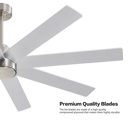 WINGBO 60" Large DC Ceiling Fans without Lights, 3 Downrods, 8 Plywood Blades, 6-Speeds Reversible DC Motor, Indoor Ceiling Fan No Lights for Bedroom Living Room Patio, Brushed Nickel and Silver