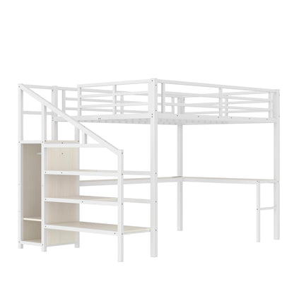 Bellemave Queen Loft Bed with Staircase and L Desk, Wardrobe, Metal Queen Loft Bed Frame for Adults, Kids, Teens, White Wood-Grain