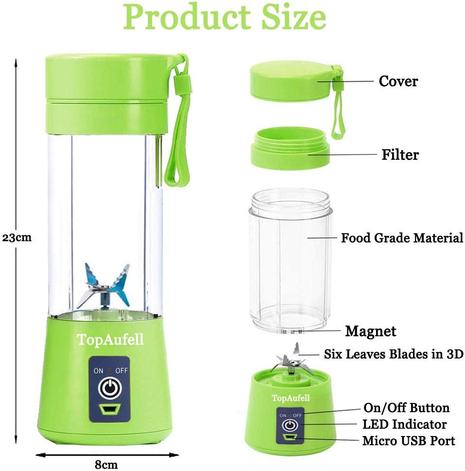 Portable Blender, 380ML Mini Mixer for Smoothies and Milkshakes, USB Rechargeable, Handheld, Green