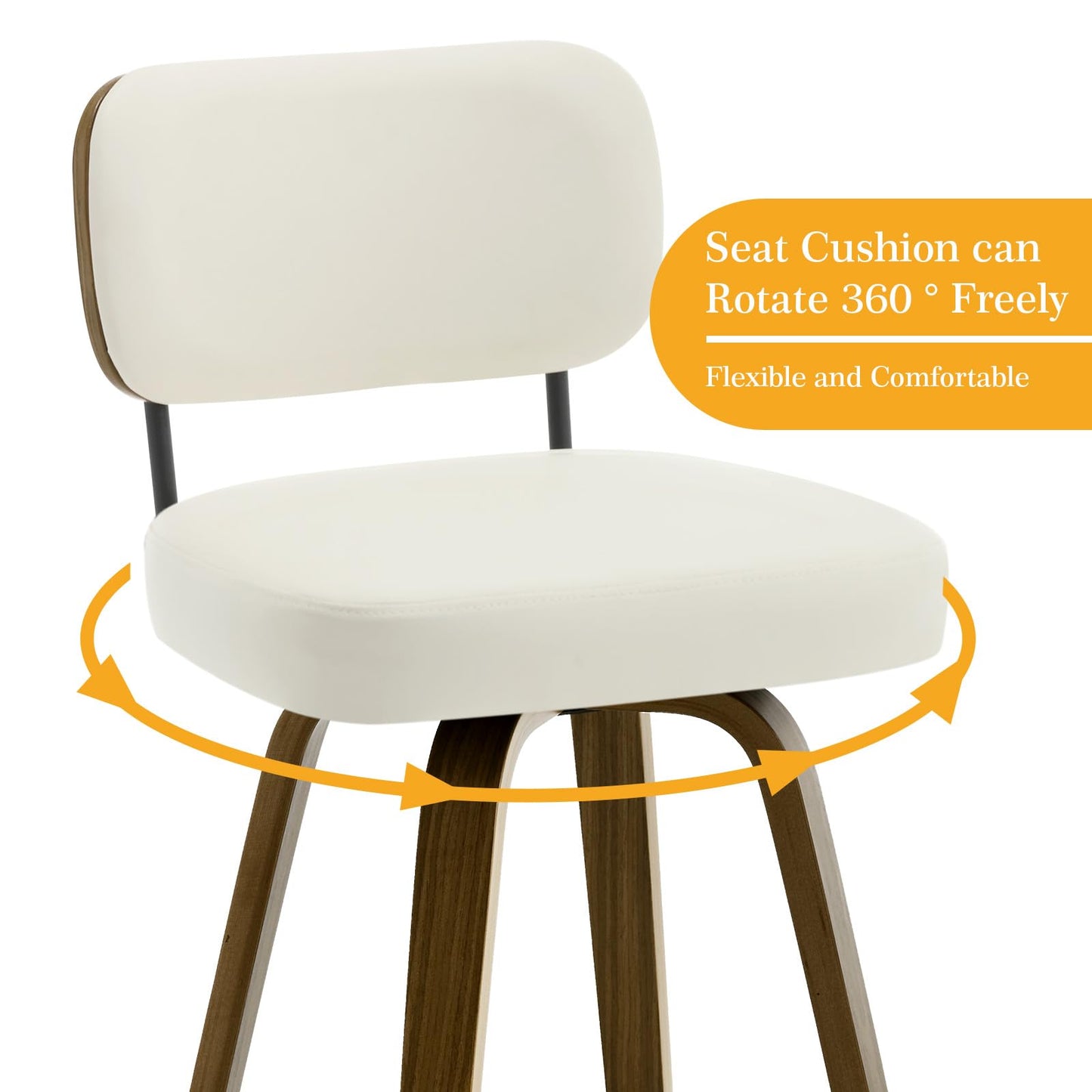 Bekrvio Swivel Counter Height Bar Stools Set of 4, 26" Upholstered Faux Leather Barstools with Back and Bent Wood Legs, Mid Century Modern Bar Chair Island Stool for Kitchen Counter, Cream White