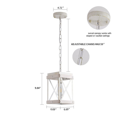 Fivess Lighting Modern Farmhouse Antique White Distressed Pendant Light with Wood and Metal Cage, One-Light Adjustable Chains Rustic Mini Pendant Lighting Fixture for Kitchen Island Cafe Bar