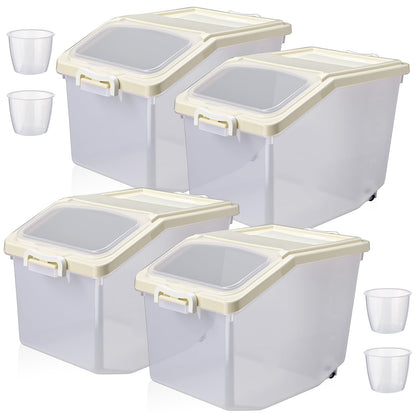 Sunnyray 4 Pcs Rice Storage Container Bulk 27.6 lb Airtight Flour Container with Wheels and Lids Measuring Cup Clear Pet Food Dog Birds Cat Food Bin Grain Cereal Organizer Box(Cream)