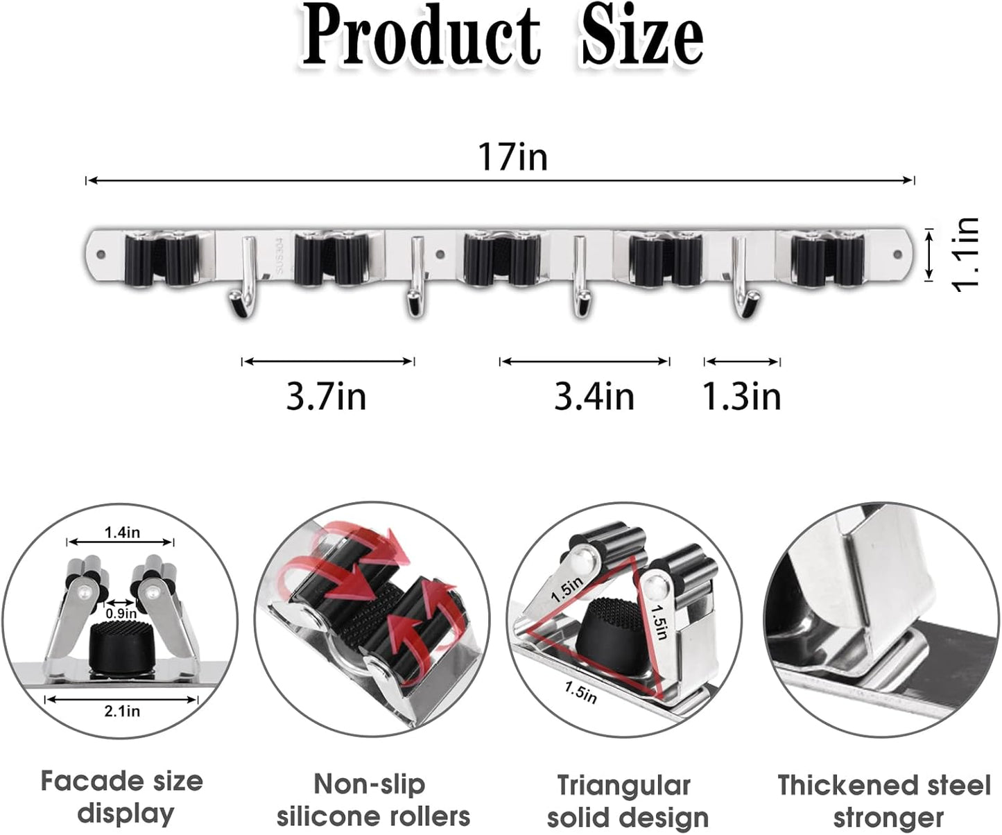 Skiennix Wall-Mounted Broom and Mop Holder - Heavy-Duty 5 Racks & 4 Hooks | Black Stainless Steel Organizer