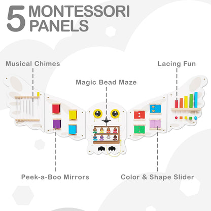 Monläurd® Montessori Owl Busy Board - Sensory Wall Panel for Toddlers, Wooden Activity Board for Kids 6M+, Montessori Educational Toys for Baby Learning, Playroom & Daycare Furniture