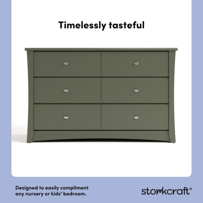 Storkcraft Crescent 6-Drawer Dresser (Olive) – GREENGUARD Gold Certified, Green Dresser for Bedroom, Kids & Nursery Storage Chest, Safety Interlocking Drawers, Pre-Installed Tracks, Kids Chest