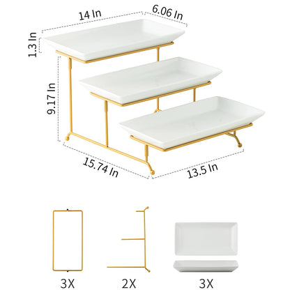 Gomakren 3 Tier Serving Stand with Porcelain Serving Platter Tray - Collapsible Gold Stand with 3 Piece Large14 Inch White Plates for Food Presentation Dessert Server Display and Entertaining