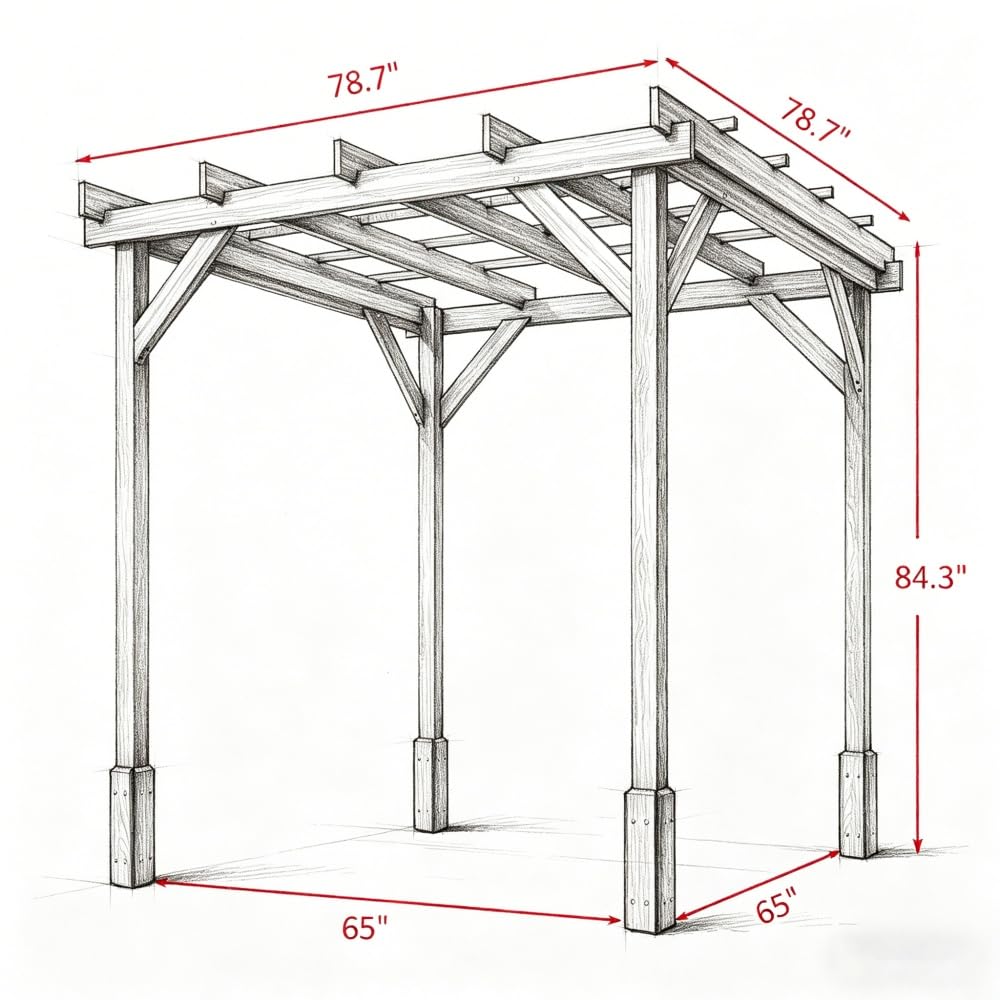 6.5x6.5 FT Outdoor Wood Pergola, Natural Fir Wood Patio Pergola with Reinforced Frame, Open Roof for Climbing Plants, Garden Backyard Deck Shade Structure, Dark Brown