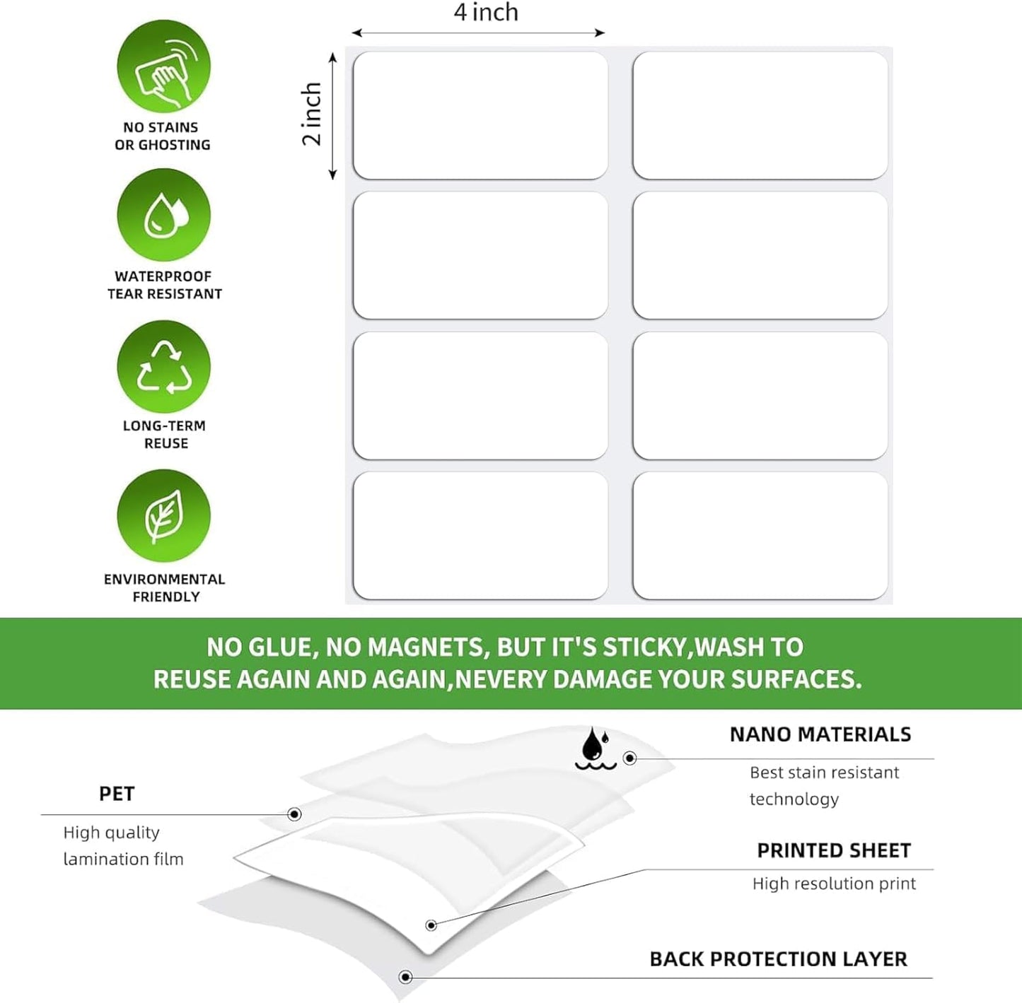 Reusable Dry Erase Labels for Organizing, Storage Bin, Craft, Jars, Pantry Labels, Sticky Notes for Office School Home Gift Chioce, Removable (2x4 inches, 24PCS) (White)