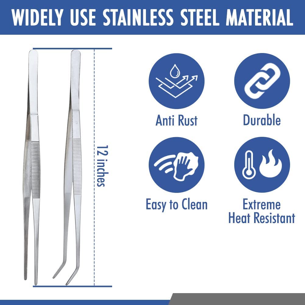 2 Pcs Straight and Curved Tip Tweezers 12 Inch, Stainless Steel Precision Tweezers Set with Serrated Tips Comfortable Ridged Handle, Tweezer Tongs for Cooking Repairing
