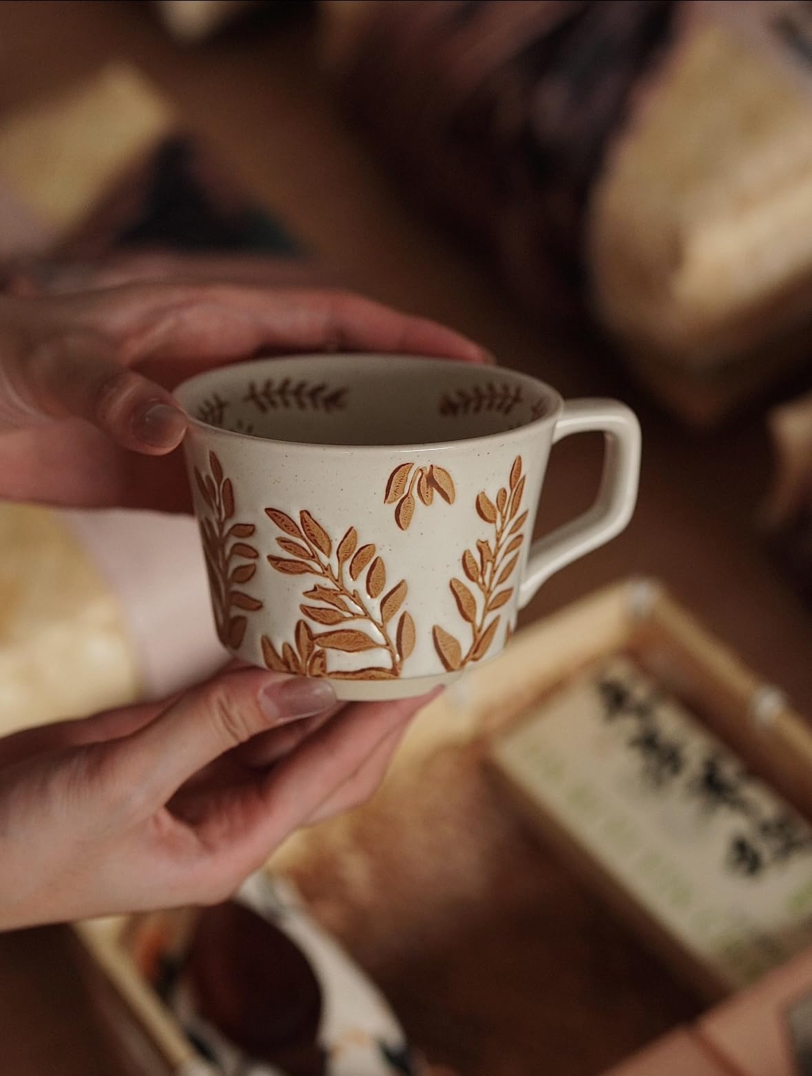 Handmade Ceramic Mugs, 12 oz Coffee Cups, Tea Mugs, Farmhouser Mug, Luxurious Cups for Office Home Microwavable, Porcelain Coffee Cups With Handle - Modern, Boho, Unique Style Wisteria Leaves