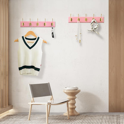JYL HOME Wall Mount Bamboo Coat Rack, 17 Inch 5 Double Hooks, Pink and Gold