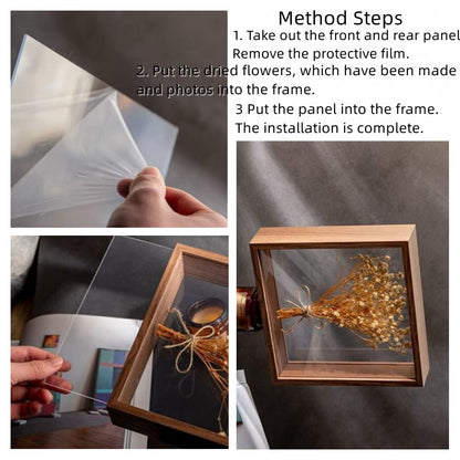 XIYUAN Wooden Dried Flower Display Stand - Decorative Floating Photo Frame - Clear Double-sided - Desktop Souvenir - Herbarium Photo Frame (8x10''/Black)