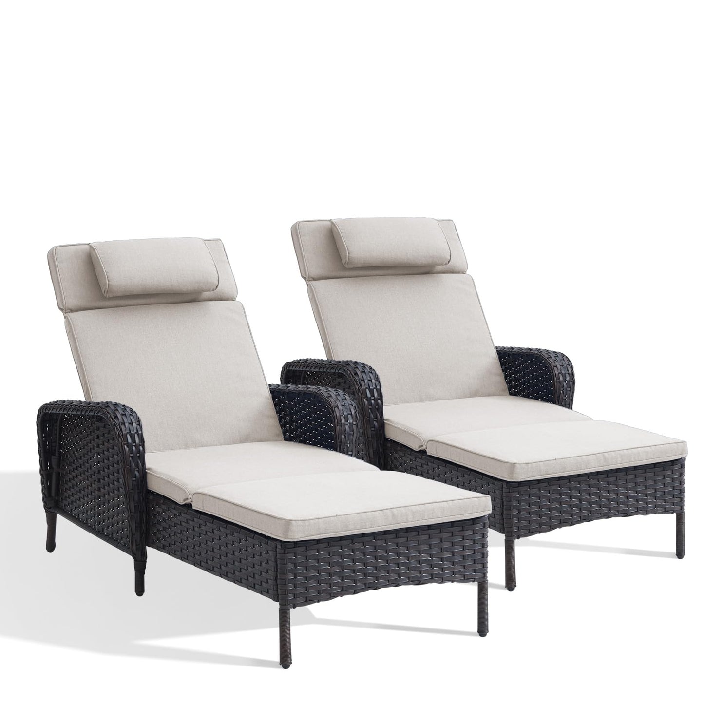 HUMMUH Patio Lounge Chairs Set of 2 - Chaise Lounge Chair with 5-Position Adjustable Backrest Outdoor Chaise for Poolside Beach Garden Deck Sunroom - Brown/Beige