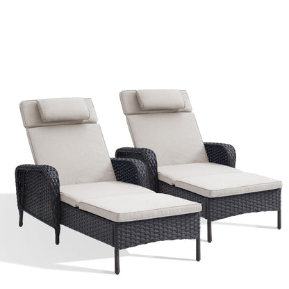 HUMMUH Patio Lounge Chairs Set of 2 - Chaise Lounge Chair with 5-Position Adjustable Backrest Outdoor Chaise for Poolside Beach Garden Deck Sunroom - Brown/Beige