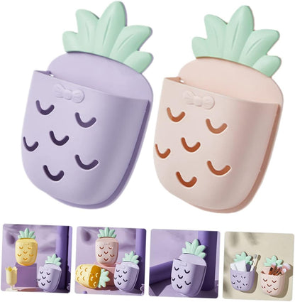 Hemoton 2 Pcs Wall Hanging Storage Basket, Pineapple Bathroom Organizer, Wall Mounted Toothbrush & Phone Holders