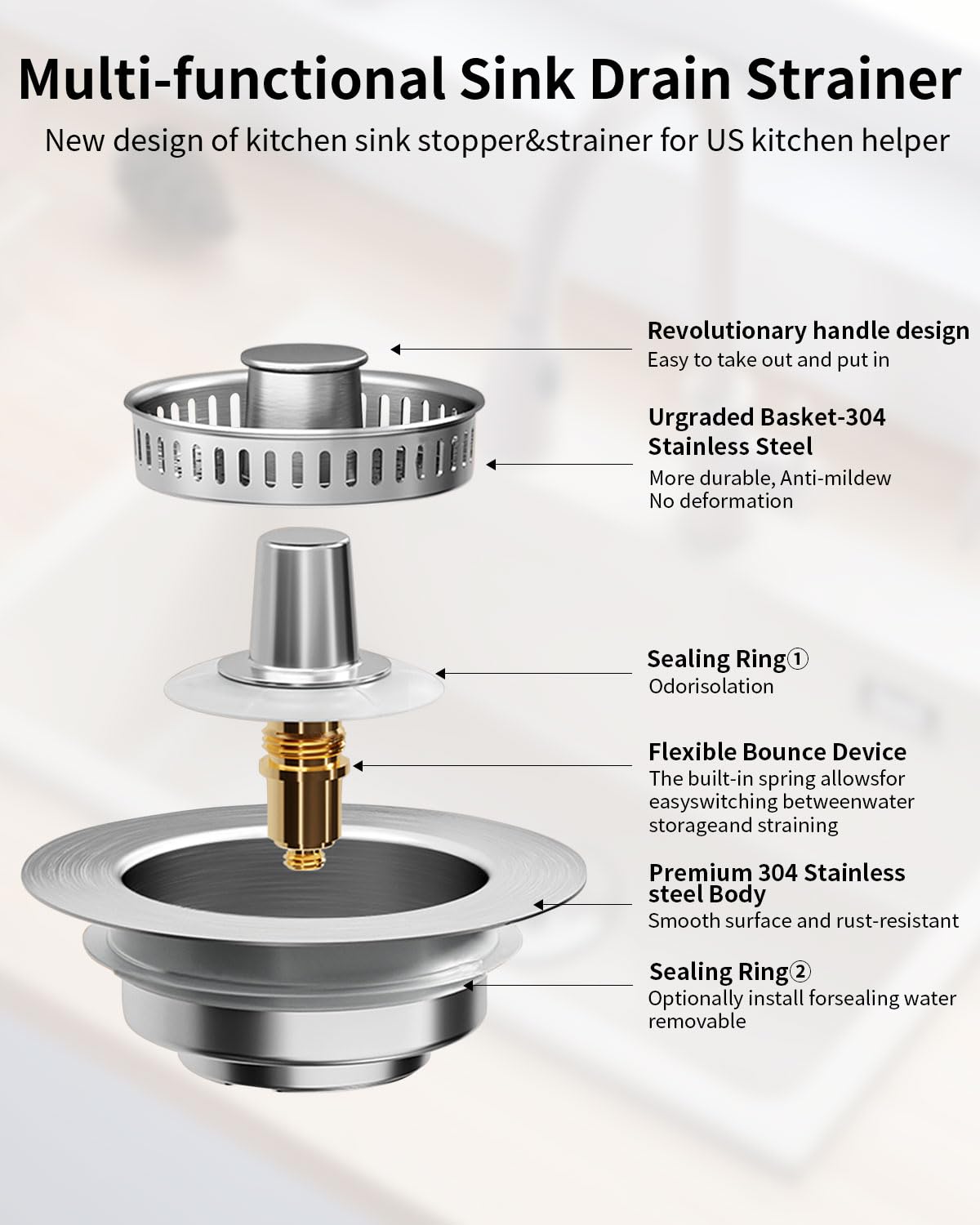 RLQXG 3 in 1 Kitchen Sink Drain Strainer [304 Stainless Steel Pop Up] Anti-Clogging Kitchen Sink Drain Stopper Stainless Steel Efficiently Drainage Odor Filter Sink Plug for Us Standard 3-1/2 Inch