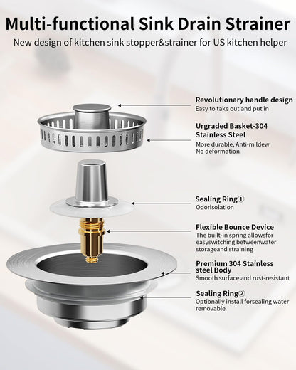 RLQXG 3 in 1 Kitchen Sink Drain Strainer [304 Stainless Steel Pop Up] Anti-Clogging Kitchen Sink Drain Stopper Stainless Steel Efficiently Drainage Odor Filter Sink Plug for Us Standard 3-1/2 Inch