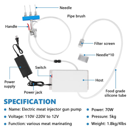 Electric Meat Injector Gun Pump with Hose, Stainless Steel Electric Marinade Injector 50W Meat Syringe Single Gun with 10 Needles for Roast Turkey, Pork, Beef (Three Needle)