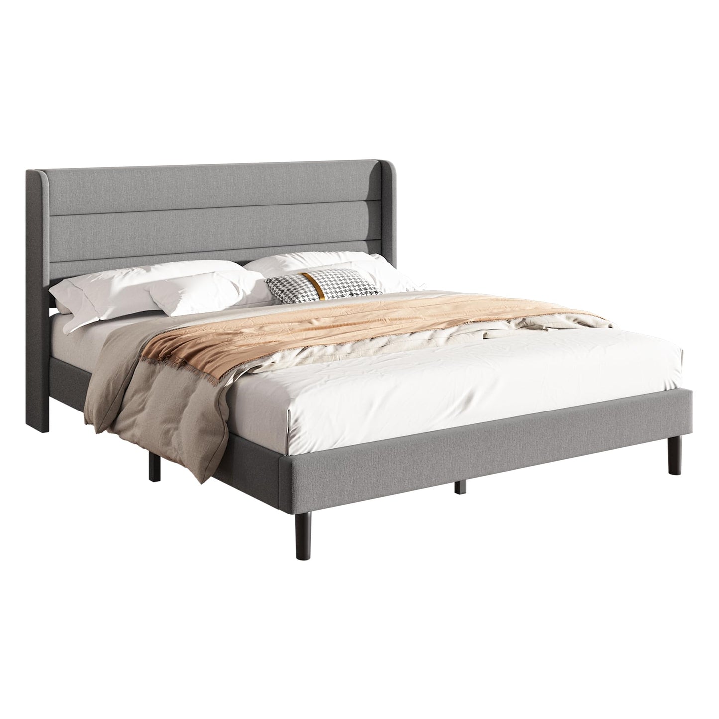 Mxhtcewz King Size Upholstered Platform Bed Frame, Modern Linen Fabric Bed with Wingback Headboard, Sturdy No Wobble, Noise-Free & Easy Assembly, No Box Spring Needed, Gray