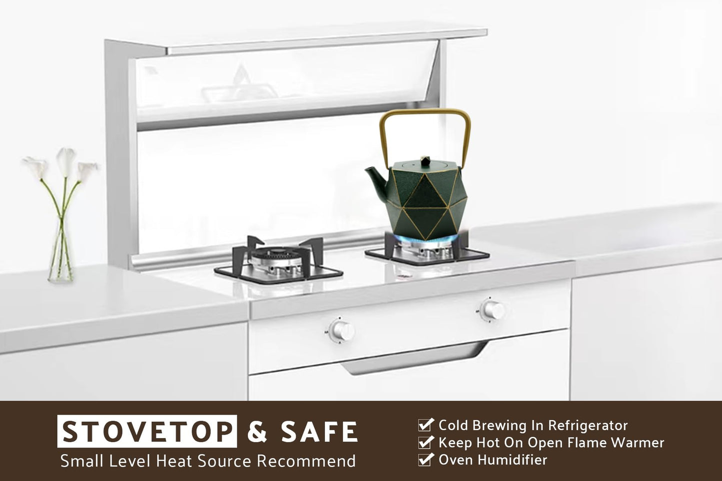 Toptier Cast Iron Teapot, Stovetop Safe Japanese Cast Iron Tea Kettle, Diamond Design Tea Pot with Removable Infuser for Loose Tea, 30 Ounce (900 ml), Dark Green