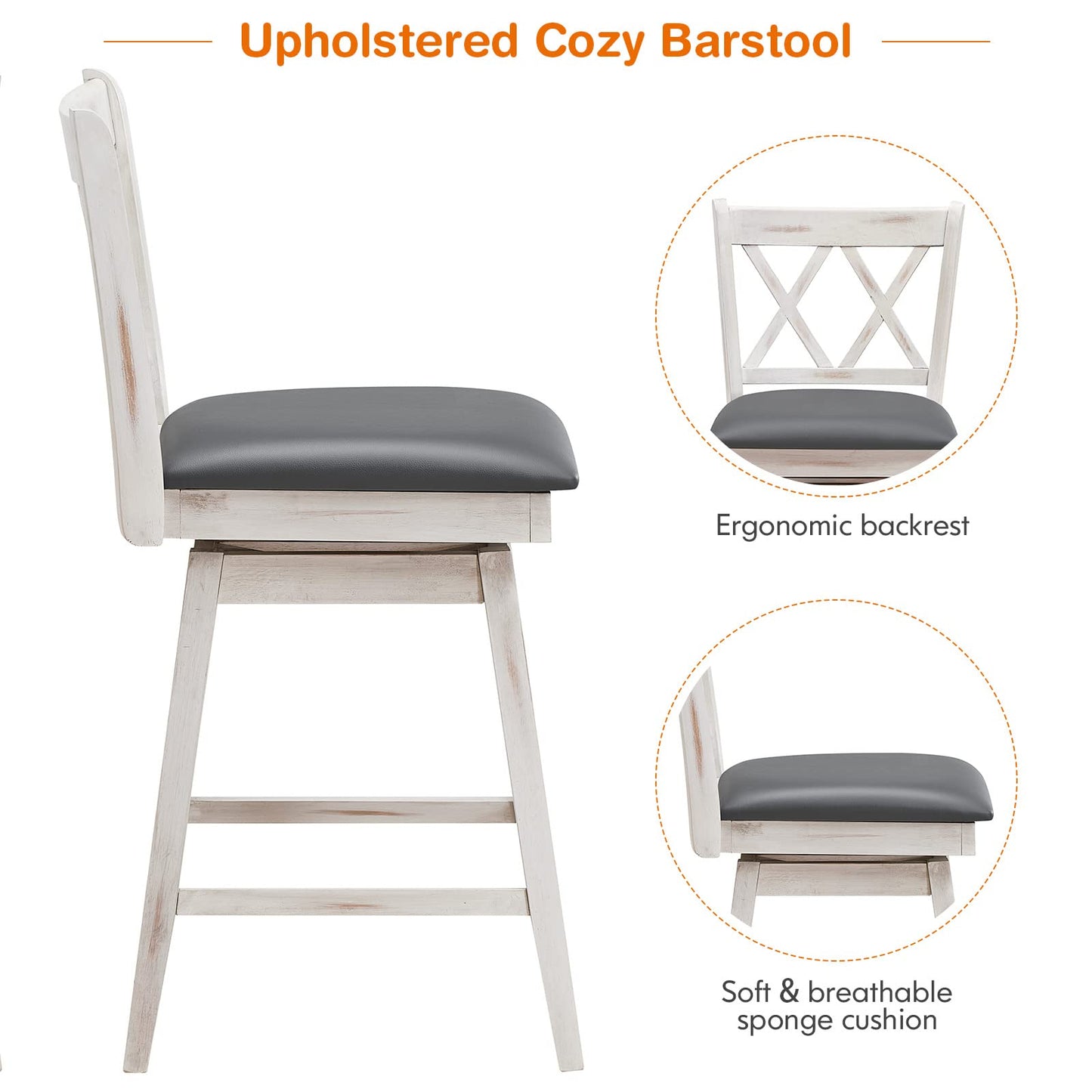 COSTWAY Bar Stool Set of 4, 360 ° Swivel Counter Height 25inch Bar Stool with Foot Rest Upholstered Cushion & Ergonomic Backrest, Sturdy Frame, for Pub, Kitchen Islands (4, Antique White + Grey)