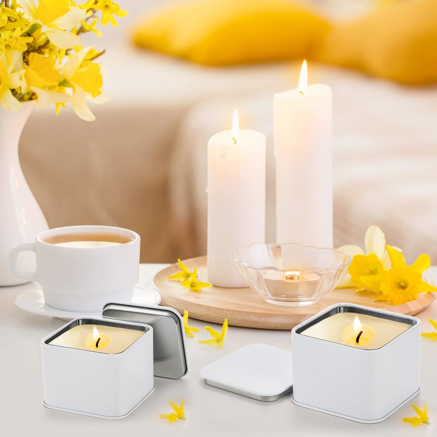 AVLA 24 Pack Candle Tins, 8 OZ Square Candles Jar with Lid, Empty Metal Candle Containers, Bulk Candy Storage Can Sets for DIY, Arts, Crafts, Storage, Gifts, White Decorative Candles Making Supplies