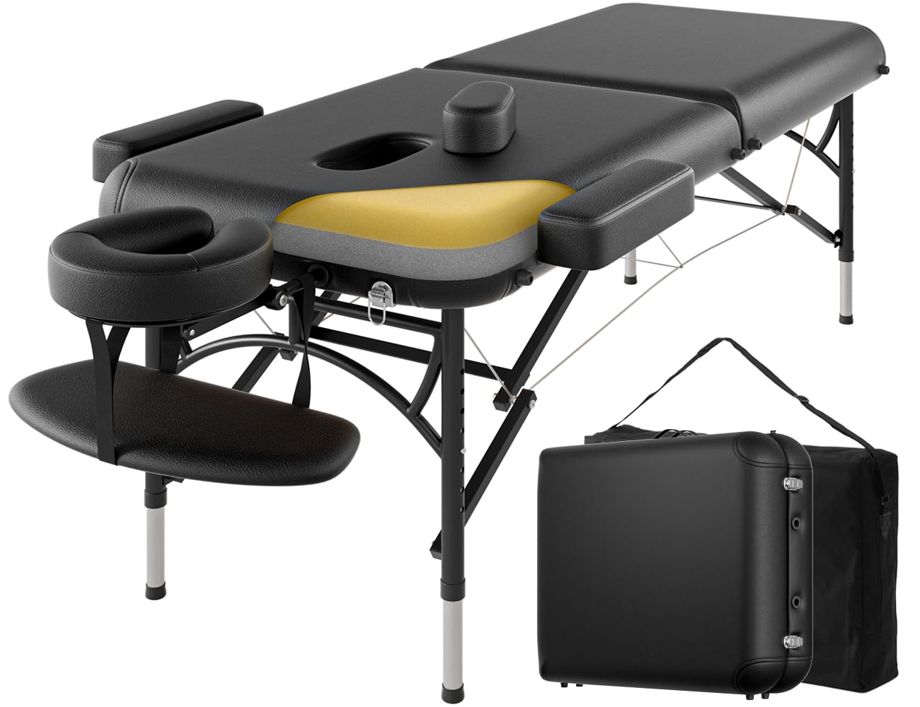 DOVANS Professional Massage Table Portable 2 Fold Premium Memory Foam Aluminium Leg Hold Up to 1100LBS 8 Heights Adjustable with Carrying Bag Black