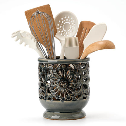 JH JIEMEI HOME Farmhouse Kitchen Utensil Holder for Countertop, Ceramic Large Cooking Utensil Crock with Cork Mat, Decorative Rustic Utensil Holder for Kitchen Counter, Hollow Carving Flower, Gray