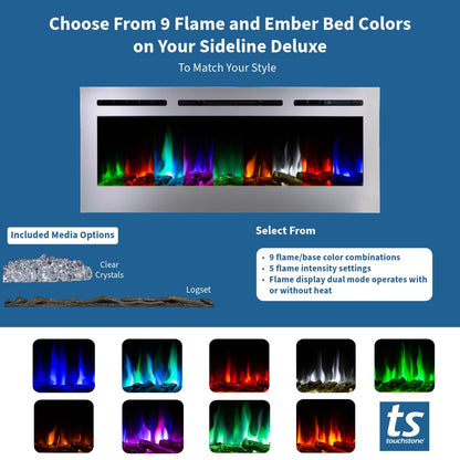 Touchstone Sideline Deluxe -Stainless Steel Smart Electric Fireplace- 50" Wide- Alexa/WiFi-Enabled- in Wall Recessed- 5 Flame Settings- 9 Flame Colors- 1,500W Heater- Log & Crystal Options- 86273