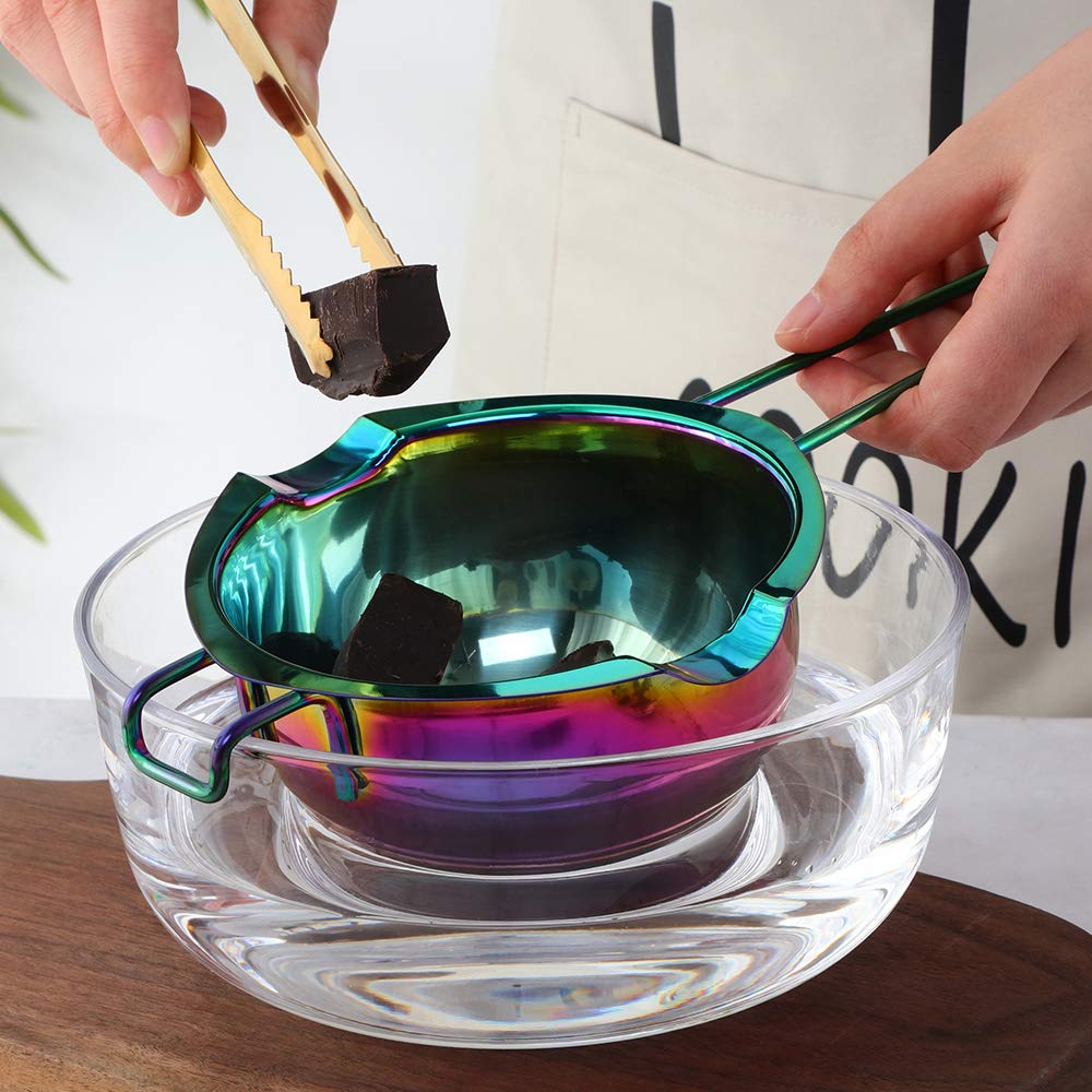 BISDARUN Double Boiler Melting pot with Spoon Set, 400ml Stainless Steel with Handle, Candle Making Potpourri for Melting Chocolate, Candy, Candles, Soap (Rainbow Color)