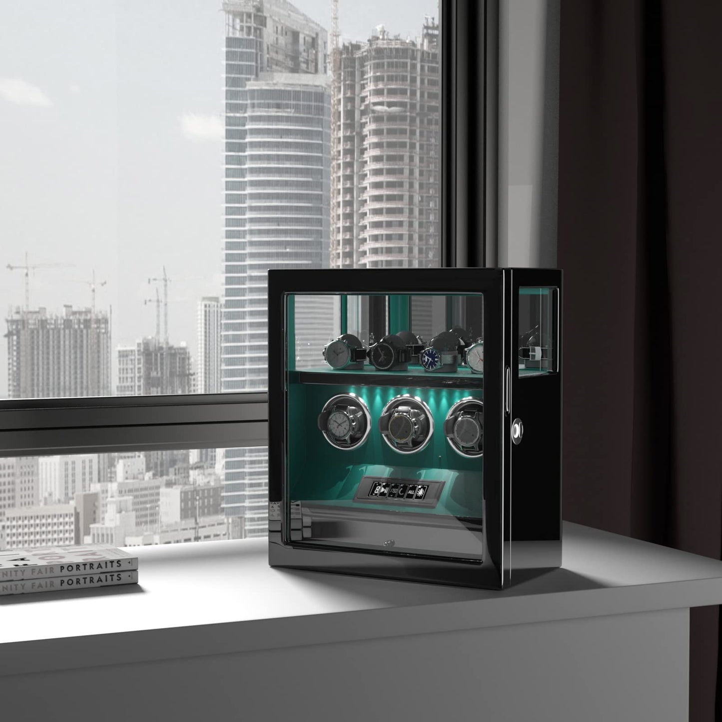 DUKWIN Watch Winder, Fingerprint Lock Automatic Watch Winder for 3 Watches with 4 Holders,300-2300 TPD,Digital Display, Remote Control,Jewelry Storage and Adjustable Watch Pillow and LED Light,Green