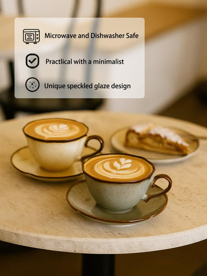 SHIIANN Ceramic Coffee Cup and Saucer Set – 10oz Kiln-Glazed Teacup with Saucer, Handmade Ceramic Mug Set for Coffee, Tea, Cappuccino, or Latte