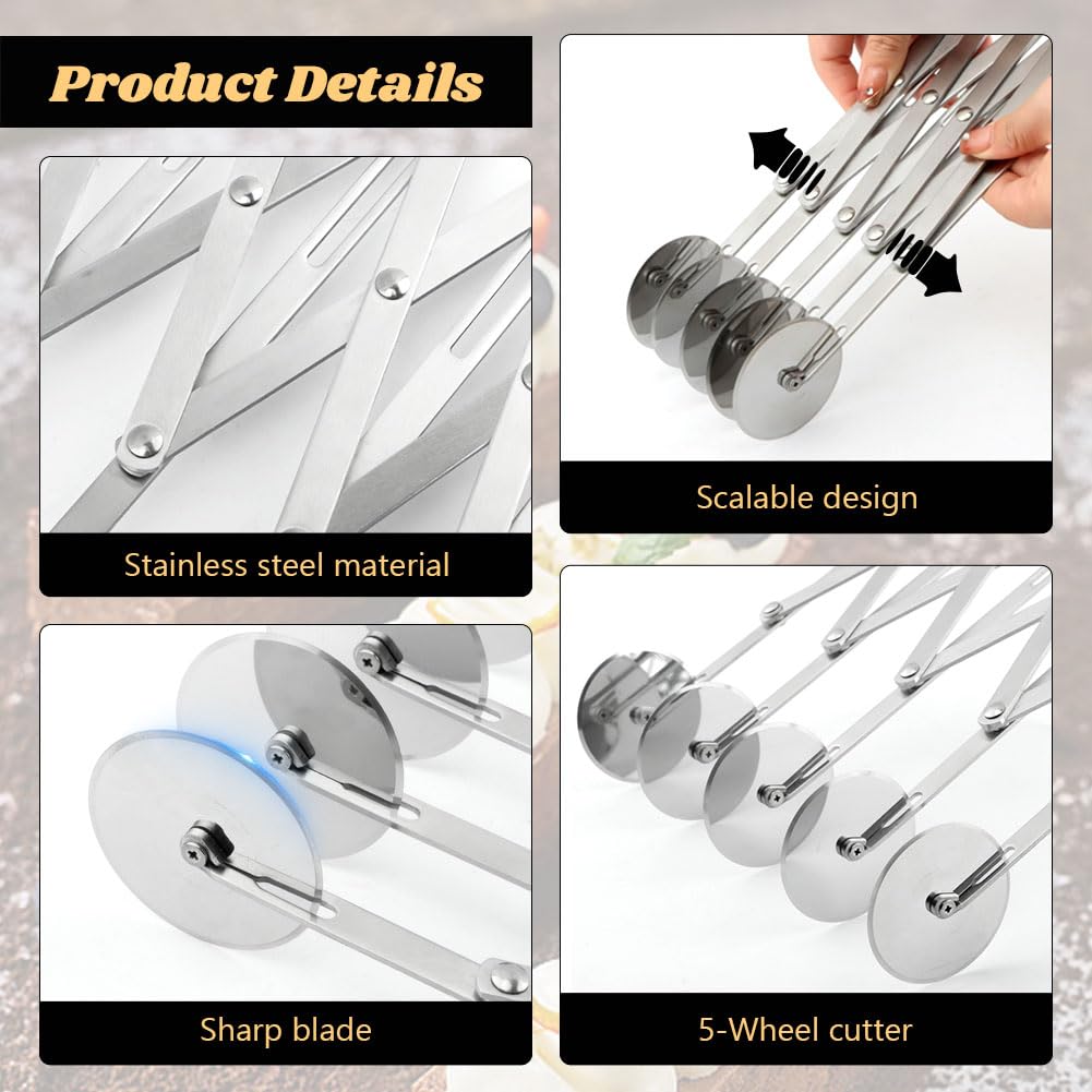 5 Wheel Pastry Cutter, Stainless Pizza Slicer, with1 Pc Double Wheel Cutter, Expandable Dough, Multi-Round Pastry Knife Baking Roller Cookie Dough Divider